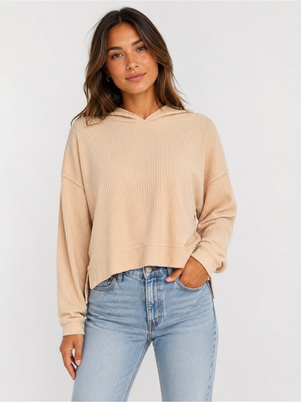 Aerie Cream Ribbed Hooded Pullover Hoodie Oversized Cozy Sweatshirt